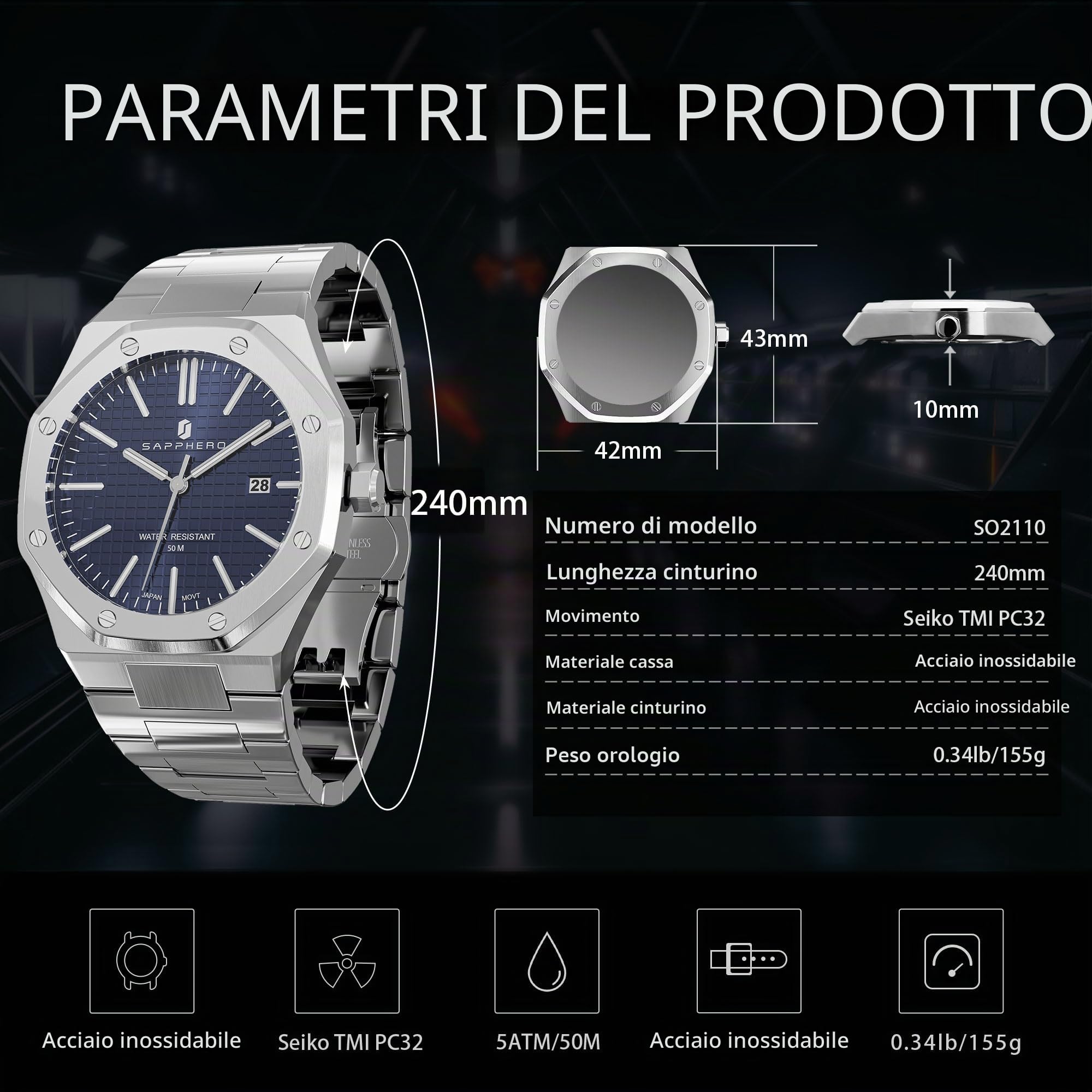 SAPPHERO Orologio da uomo in acciaio inox 50 m impermeabile ottagonale analogico giapponese al quarzo classico lusso business casual moda orologi da uomo elegante regalo