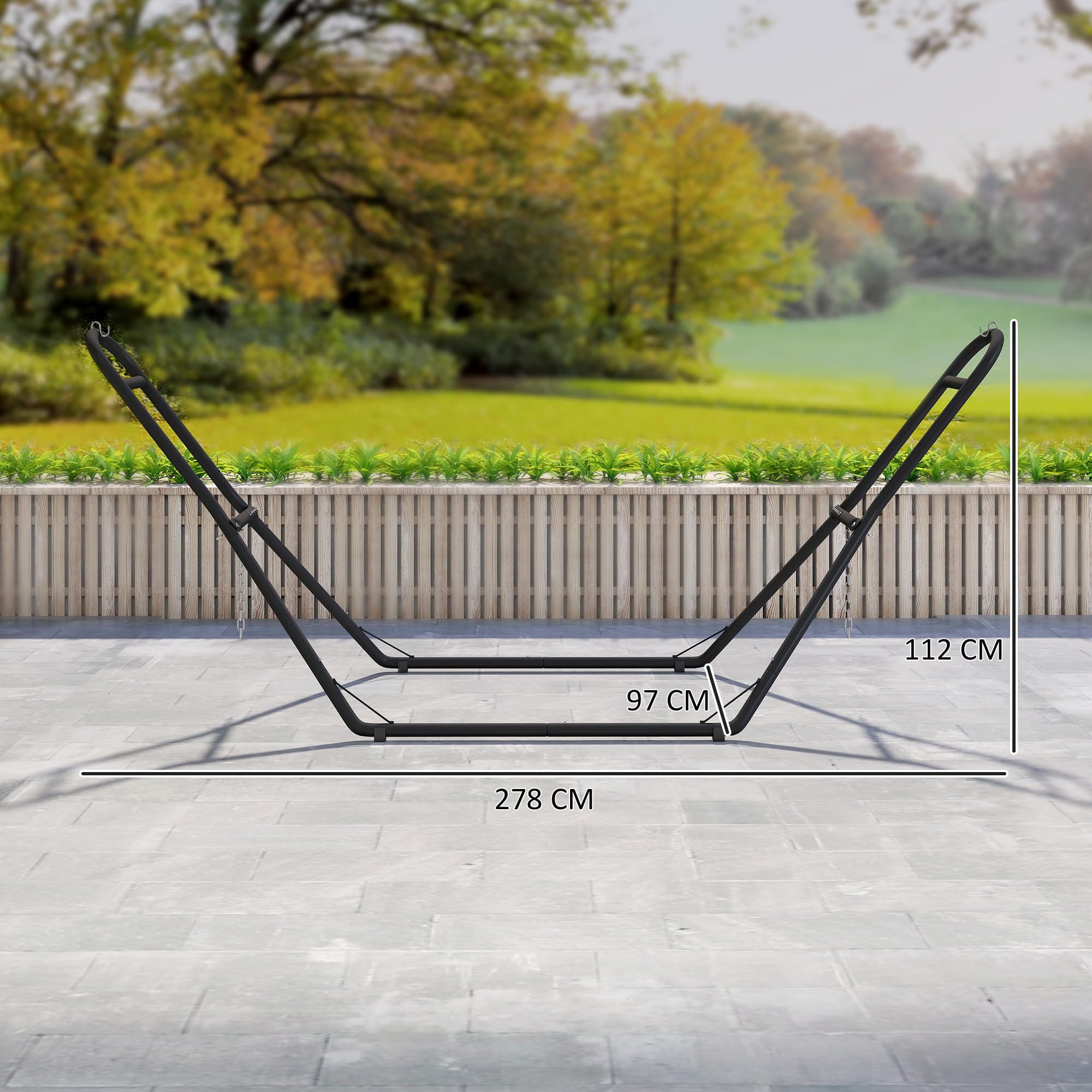 Outsunny Soporte para Hamaca para 2-3 Personas, Largo 278 cm, Cadena Ajustable, con Estructura de Acero, Ganchos en S, Pies Antideslizantes, para Hamacas de 2,75-4 m, Carga 150 kg, Negro