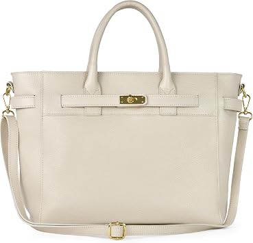 Italian Genuine Calf Leather Handbag for Women with Zipper & Adjustable Strap | Medium Top-Handle Satchel Purse Beige