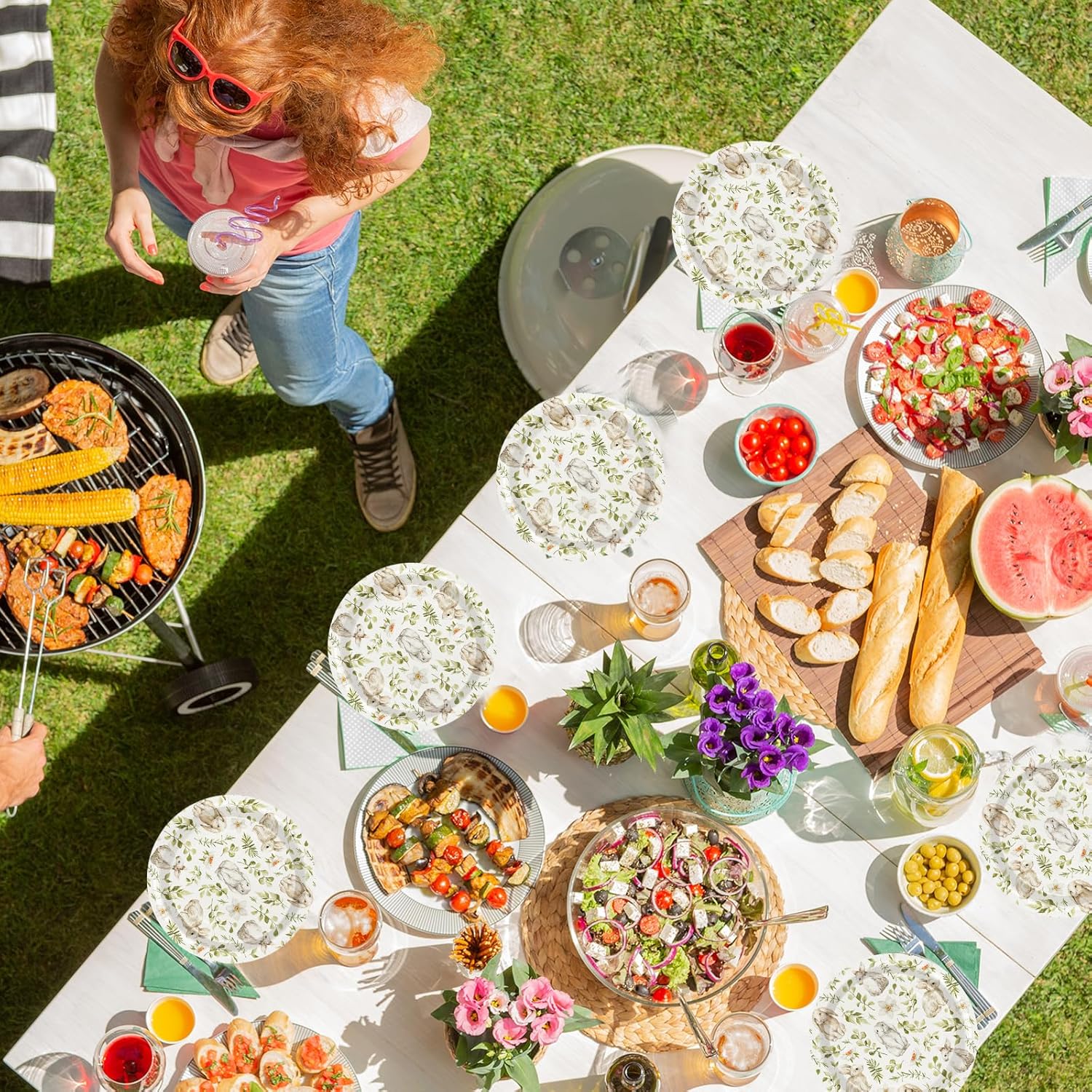 AnyDesign 50 Pcs Easter Bunny Paper Plates Disposable Plates 9 Inch Watercolor Rabbit Flower Leaves Party Tableware for Spring Holiday Birthday Table Supplies - Image 7