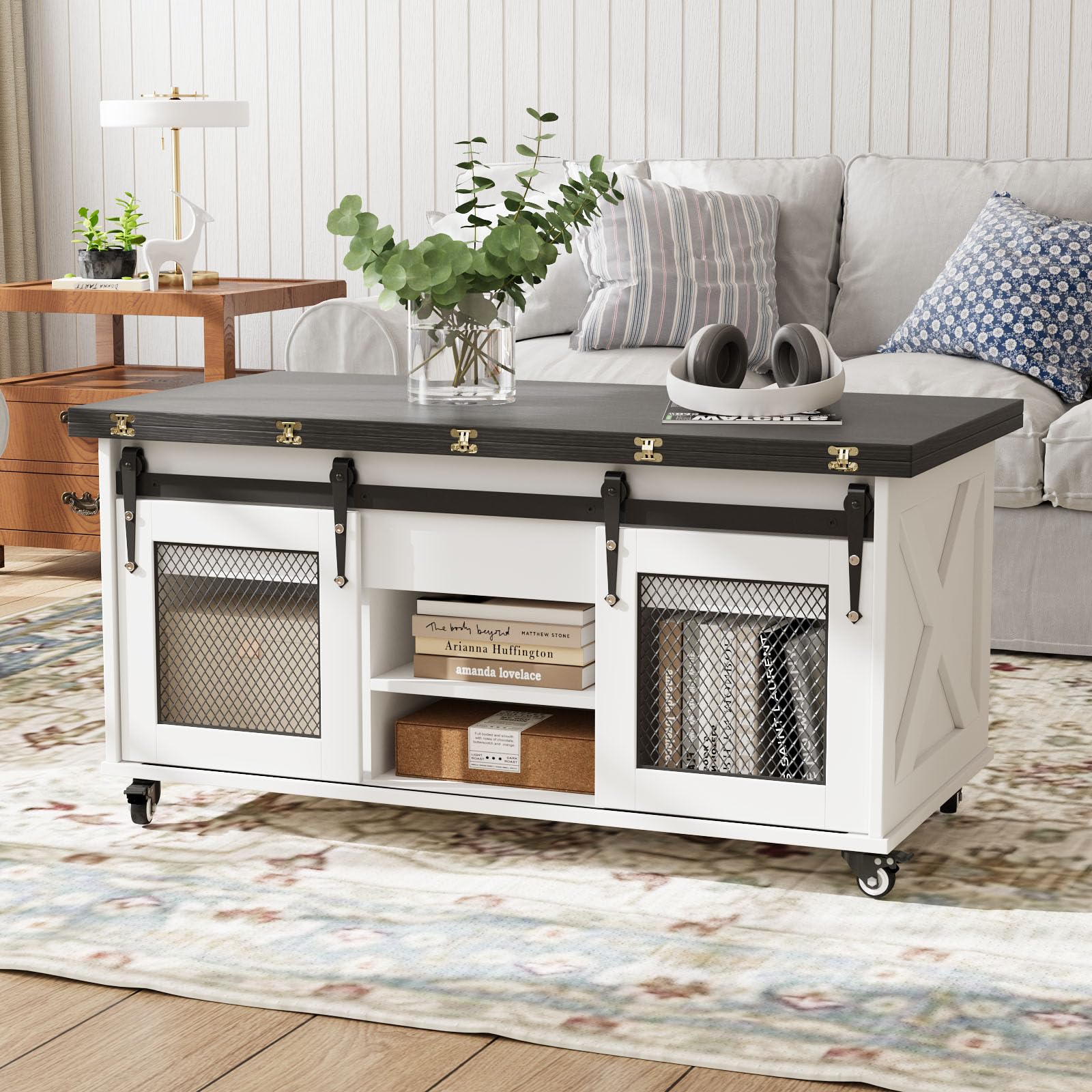 VOWNER Mesa de Centro Elevable, Mesa Extensible, Multifuncional 4 en 1 con Ruedas & Almacenamiento Oculto - Comedor, Convertible, Estilo Granja, Nogal (Negro)