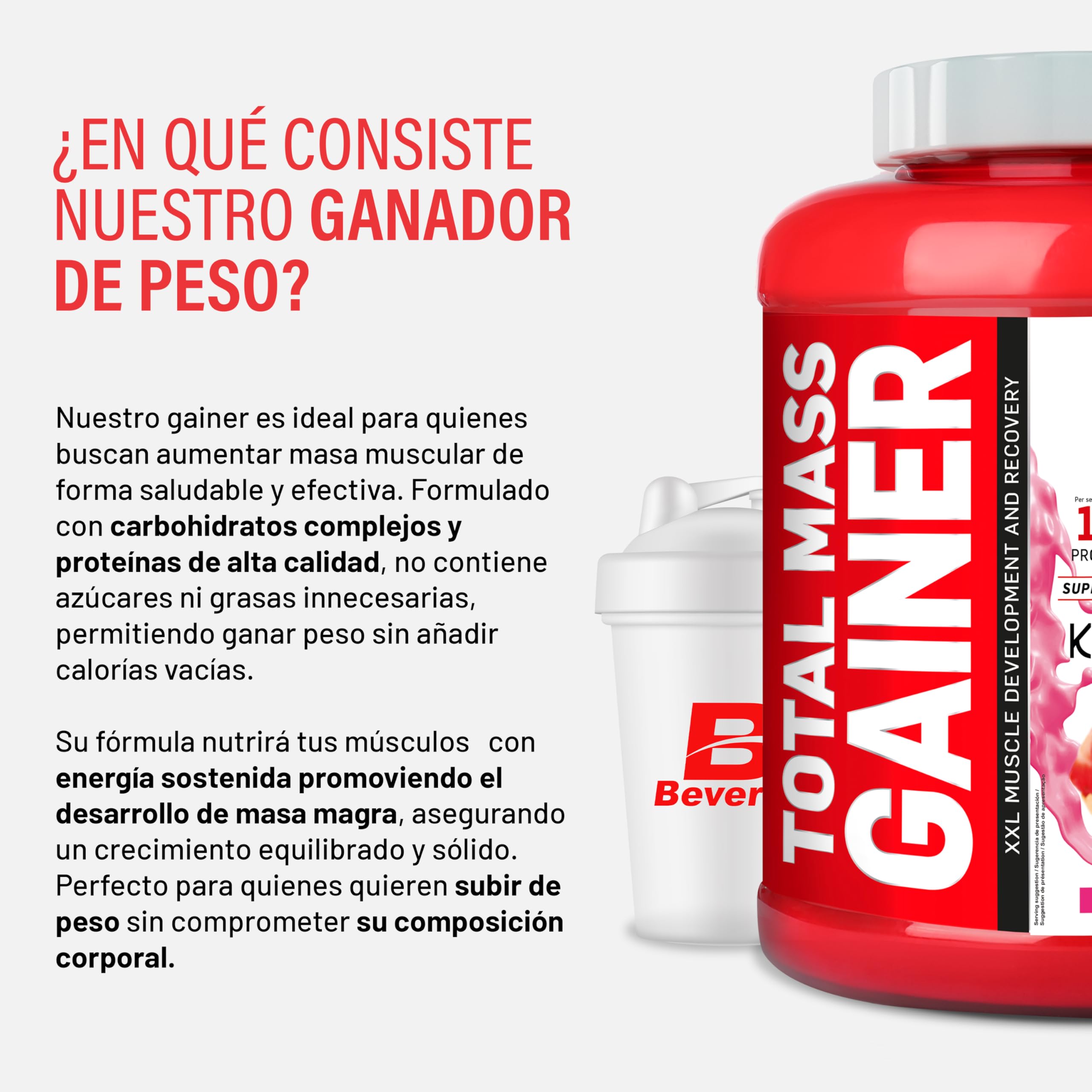 Beverly Total Mass - Proteína con hidratos de carbono, glutamina y taurina - 3 Kg - 50 Servicios - Ganancia muscular y de peso libre de grasa. Delicioso sabor (3 KG, FRESA)