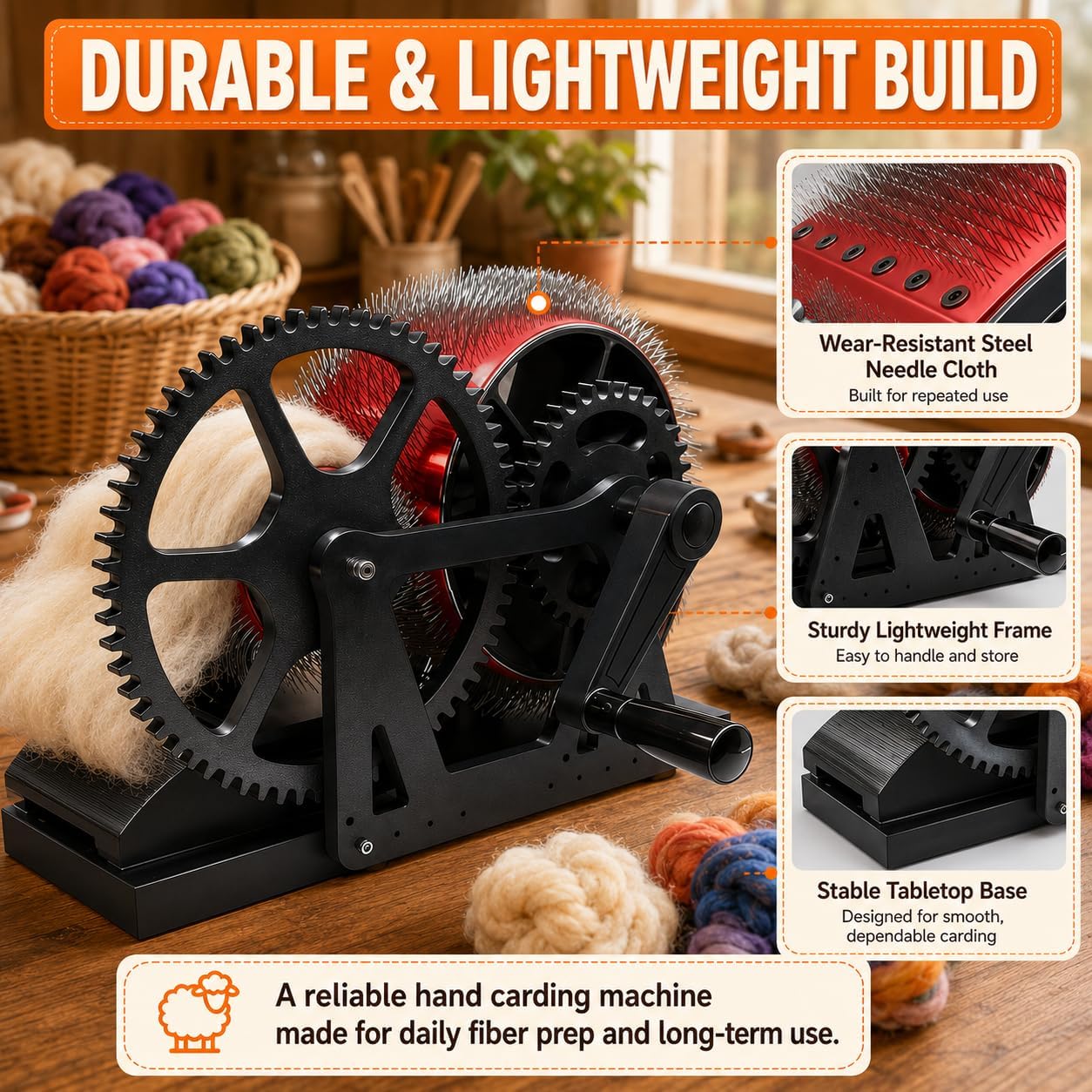 Wool Drum Carder Fiber Blending Machine, Manual Wool Combing Wheel for DIY Fiber Prep, Easy Color Blending & Carding Spinning Wheel for Wool