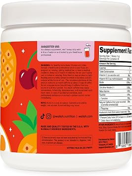 Wellah Pre-Workout Drink Mix (Fruit Punch Flavored, 30 Servings) - with Citrulline Malate and L-Theanine, 200mg of Natural Caffeine & 1000mg of Beta-Alanine