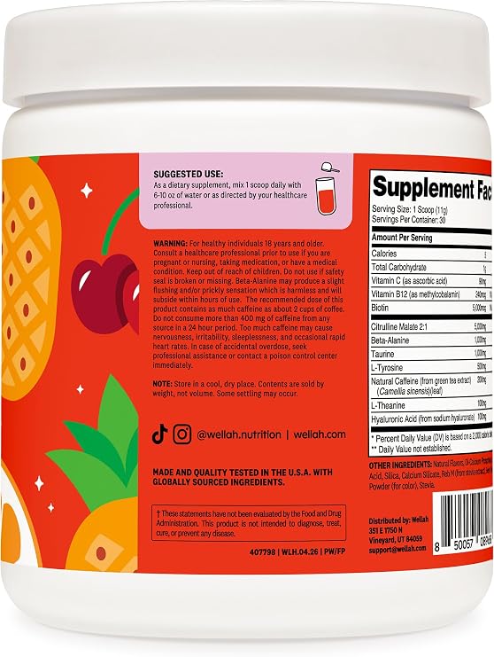 Wellah Pre-Workout Drink Mix (Fruit Punch Flavored, 30 Servings) - with Citrulline Malate and L-Theanine, 200mg of Natural Caffeine & 1000mg of Beta-Alanine
