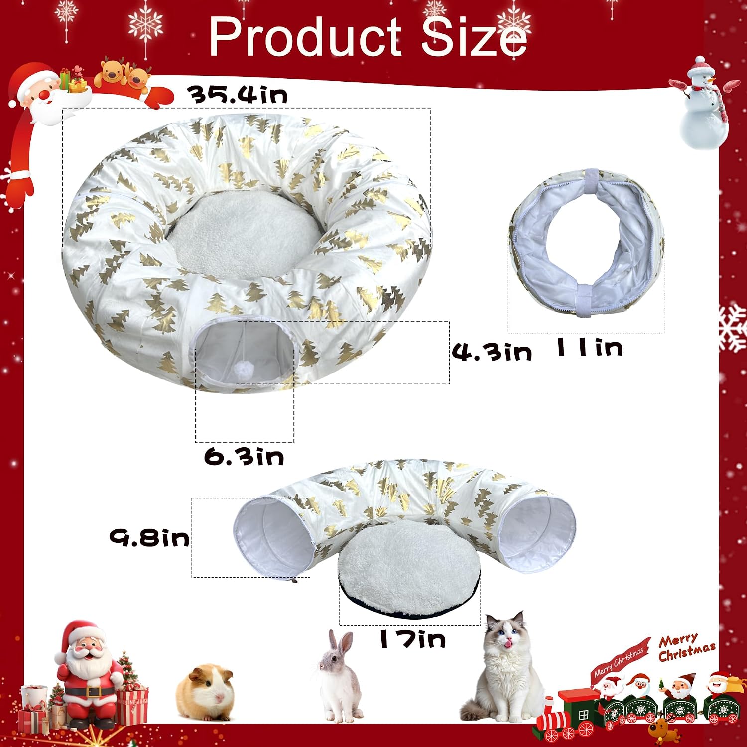 Plush Christmas Tree Pattern Cat Tunnel Bed Under Christmas Tree with Premium Gold Foil & Hanging Plush Ball, 10-Inch Diameter 3-Ft Wide Round - Divert Cats from Decor White Color