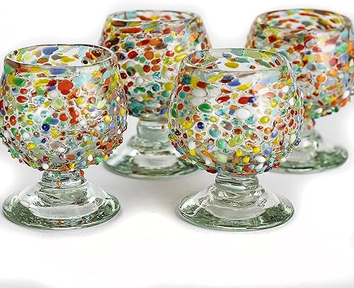 Auténticos vasos de chupito soplados a mano de tequila mexicano - Juego de 4-2 onzas - Mini snifters de vidrio - Base pesada - Coñac (Confeti)
