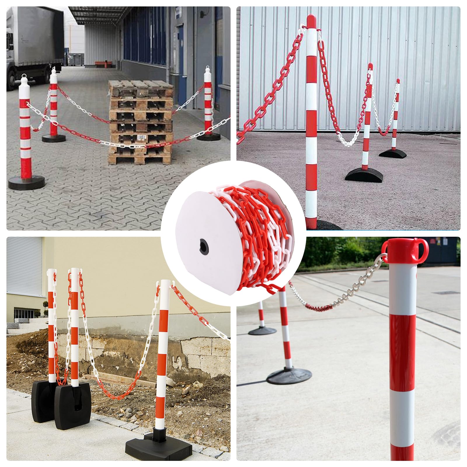 APACALI Cadena de seguridad de plástico de 25 m, color rojo y blanco, 8 mm, cadena de plástico para cerrar, cadena de plástico de las superficies, buena visibilidad, estable y manejable