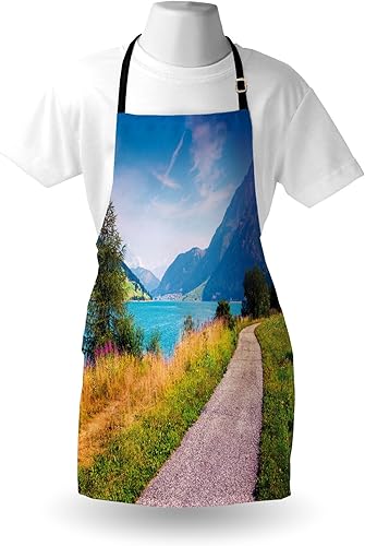 Miniatura 3 de Paisaje delantal por lunarable, bicicleta camino alrededor de Resia lago alpes italianos colorido verano mañana idílico escena, unisex delantal con