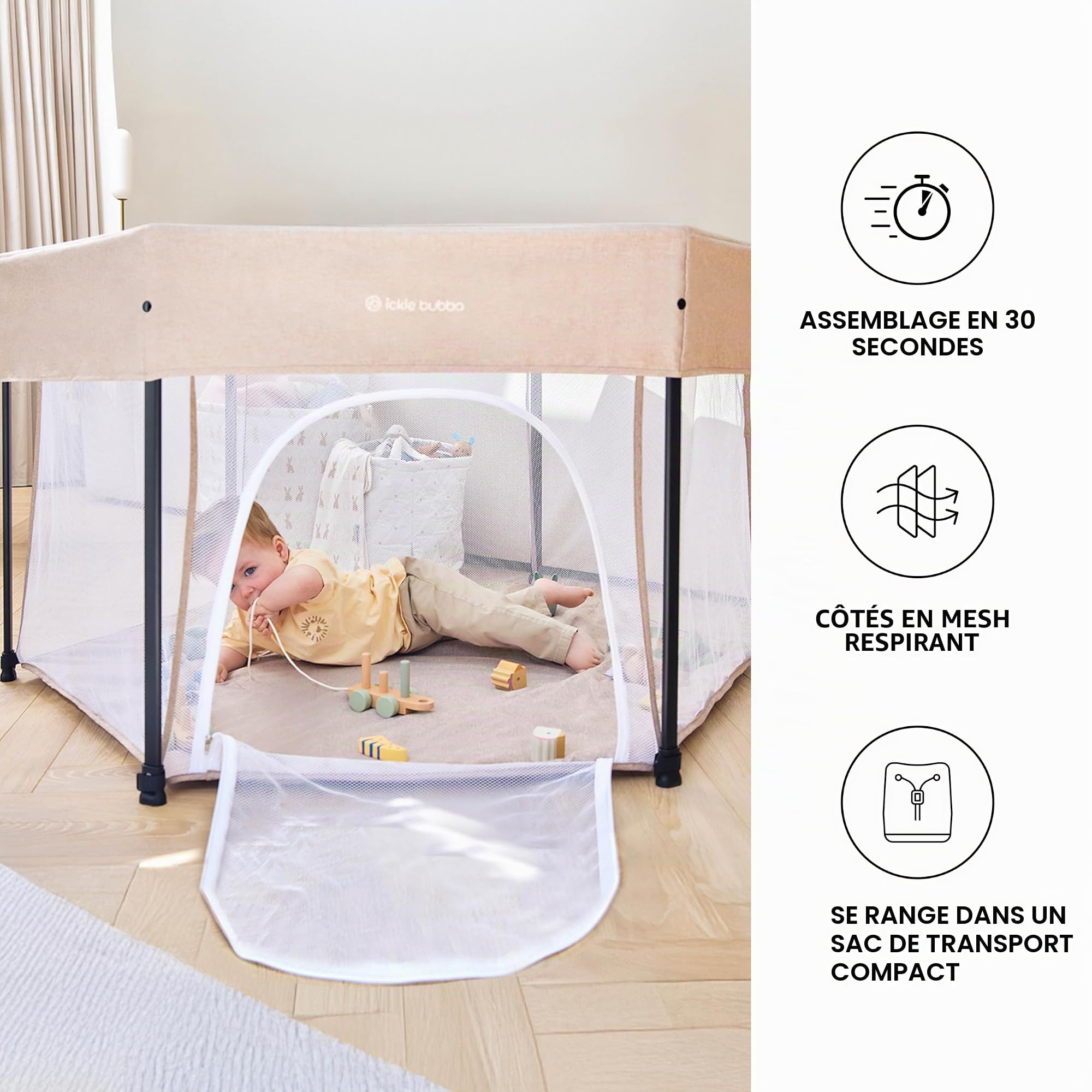 Parc pour bébé Ickle Bubba Fiesta – Installation en 30 secondes, côtés respirants, tapis de jeu rembourré et compact pour le rangement, sac de transport inclus (Vert sauge)