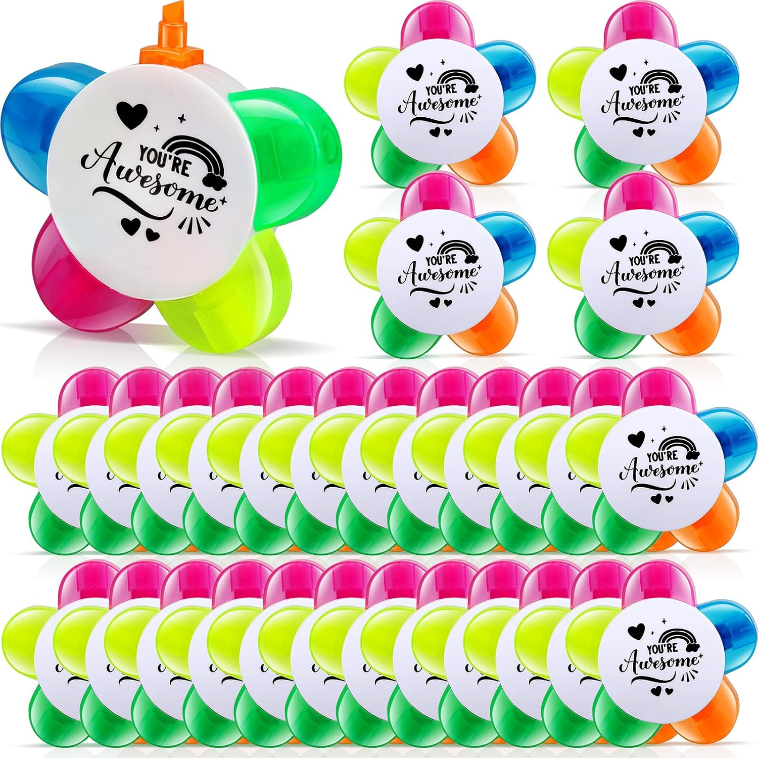 30 Pcs End Of Year School Students Gift Inspirational Petals Highlighters, Motivational Highlighter Pens 5 in 1 Fluorescent Pens Affirmation Gifts for School Party Favors (30)