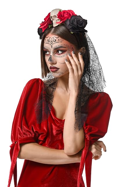 Foto 3 de 6 de Balinco Dia de Muertos I Diadema de calavera + velo y tatuajes