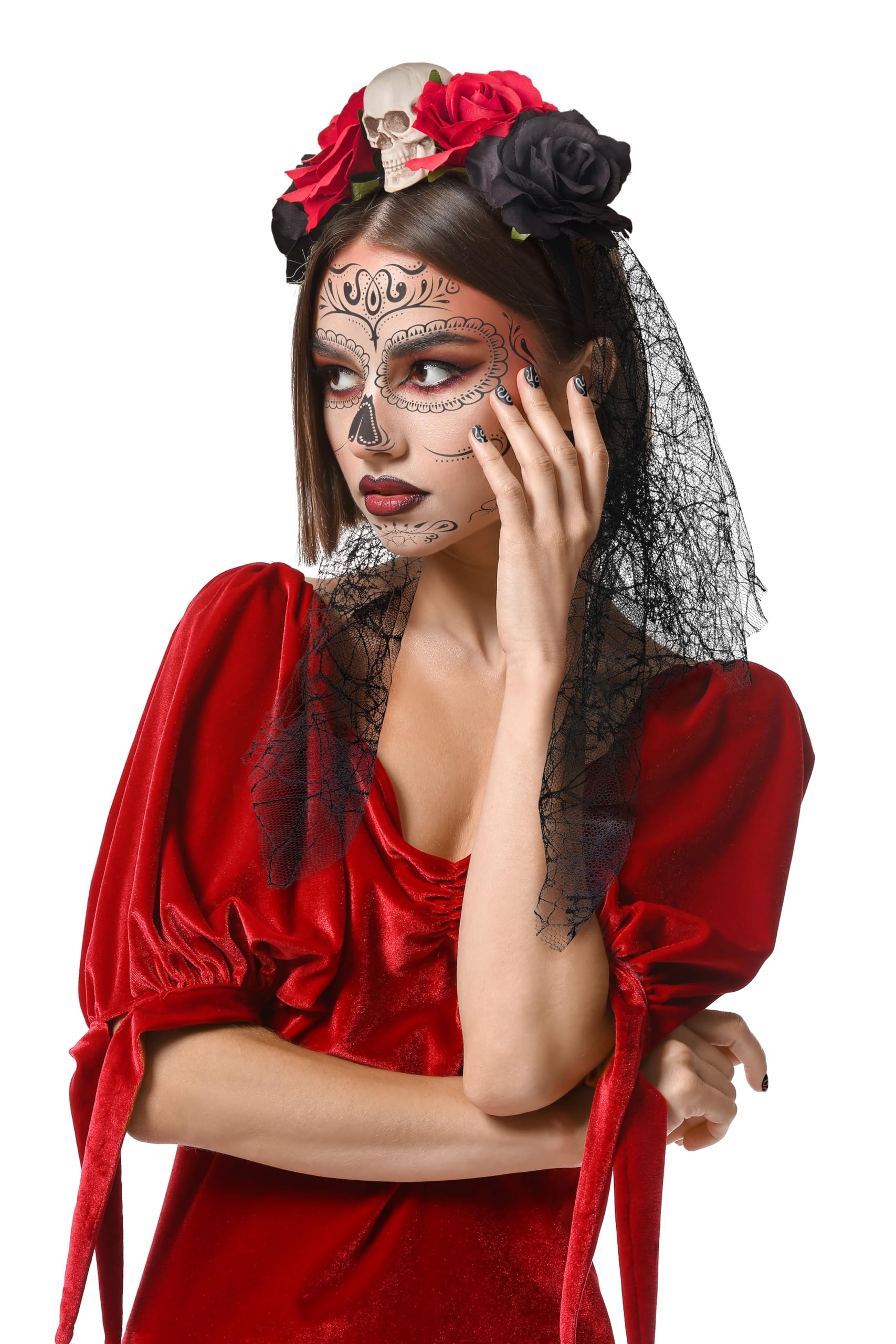 Balinco Dia de los Muertos Women's Day of the Dead Headband with Skull, Roses, Veil and Temporary Face Tattoo, Red, Black - Image 3