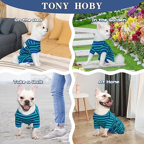 Miniatura 5 de TONY HOBY Pijama para perro mediano y pequeño, overol para perro con rayas de 4 patas, pijama suave para perros (azul y verde, niña, M)