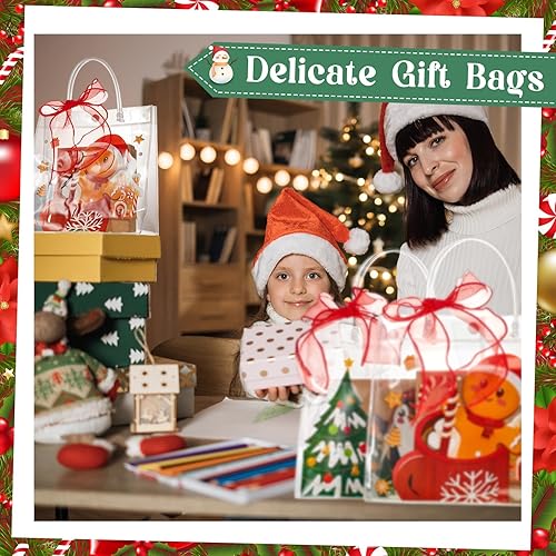 Miniatura 4 de 24 bolsas de regalo transparentes de Navidad con cinta de lazo, bolsas de PVC para recuerdos de fiesta con asas, 7.8 x 7.8 x 3.1 pulgadas, bolsas de