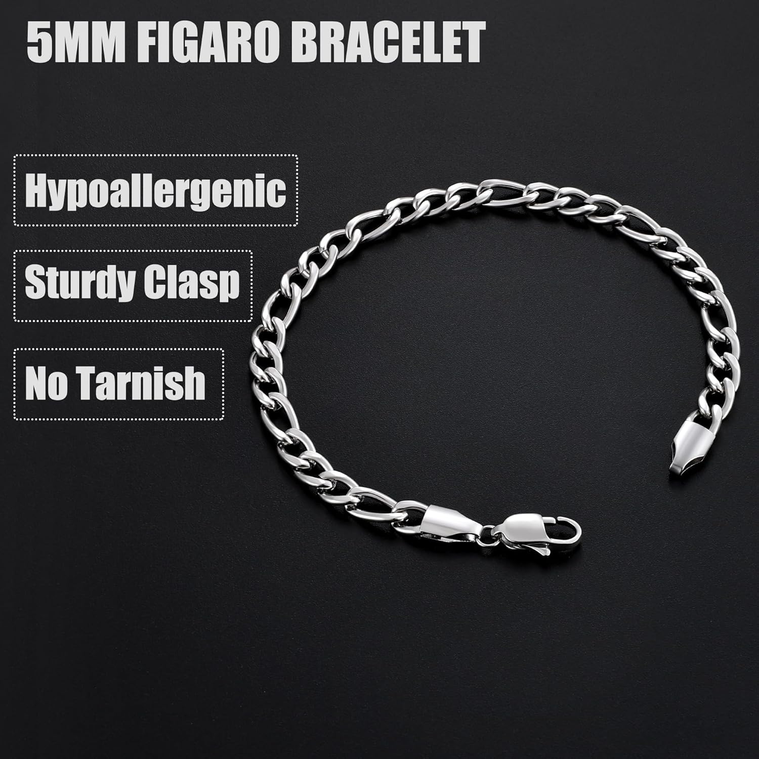 Fiusem Silver Tone Figaro Mens Bracelet, 5/7/8mm Stainless Steel Link Chain Bracelets for Men, 6.7"/7.5"/8.3"/9.0" Length - Image 4
