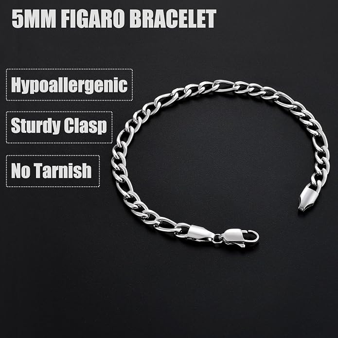 Pulsera de cadena Figaro de acero inoxidable para hombre miniatura 4