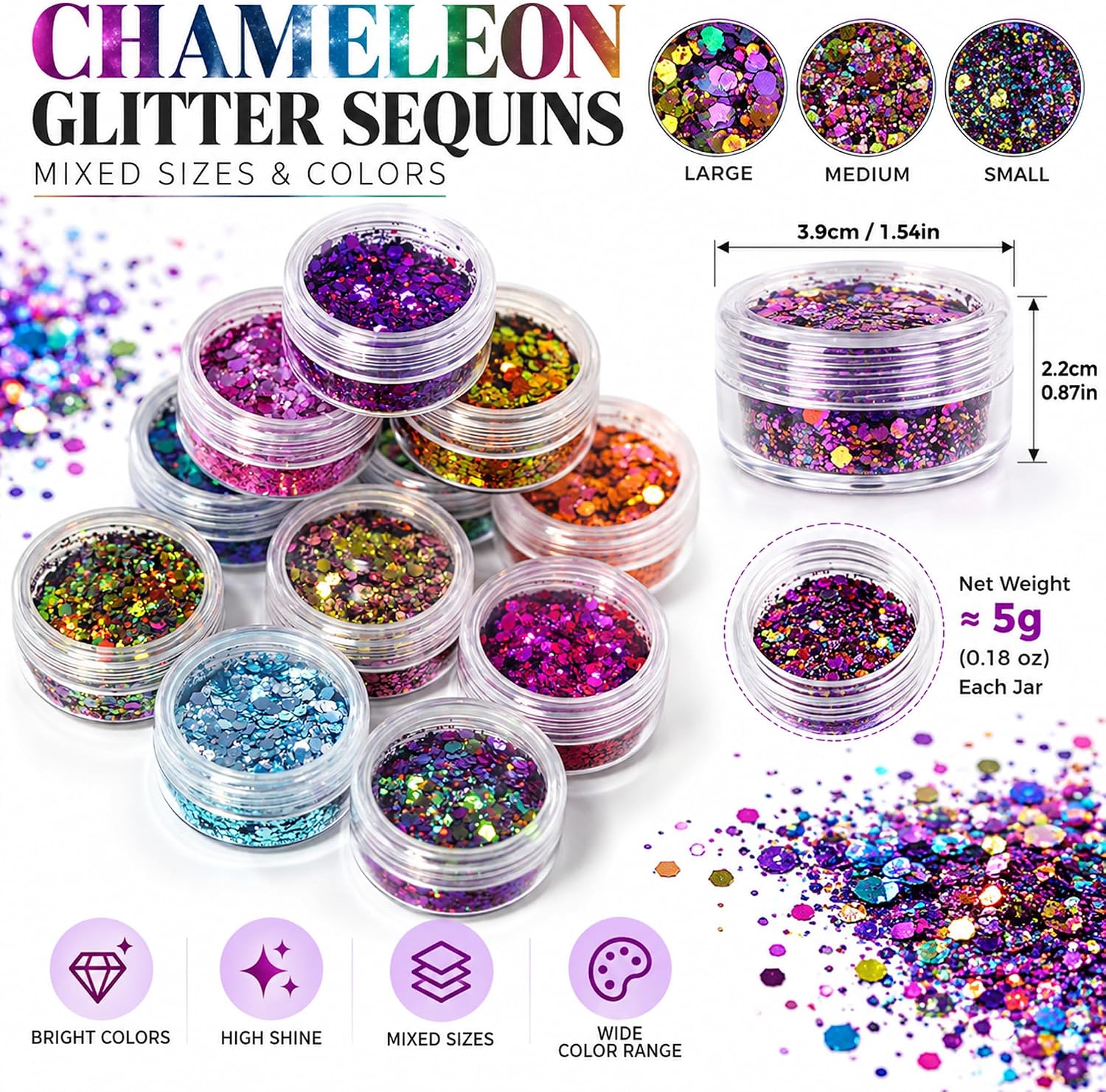 12 Jars Holographic Chameleon Chunky Glitter Set, Mixed Size Iridescent Sequin Flakes for Festival Rave Party Makeup, Resin and DIY Crafts