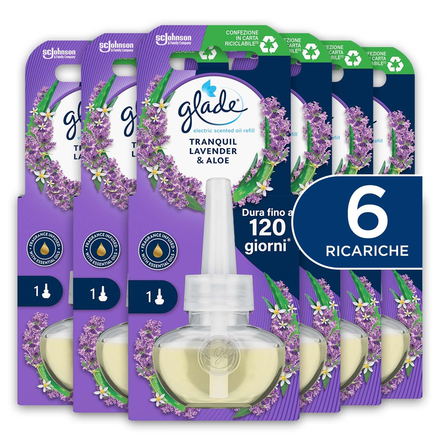 Glade liquido elettrico Profumatore per Ambienti con Olii Essenziali, Fragranza Lavanda & Aloe Vera, 6 Rcariche