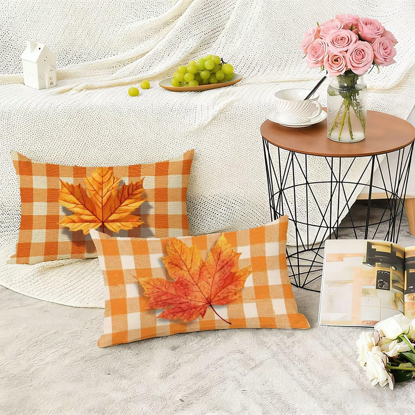 Poszewki na poduszki w kolorze pomarańczowym 70 x 90 cm beżowe poszewki na poduszki na zewnątrz lniane poszewki na poduszki 2-pak dwustronny nadruk miękkie oddychające można prać w pralce, do salonu