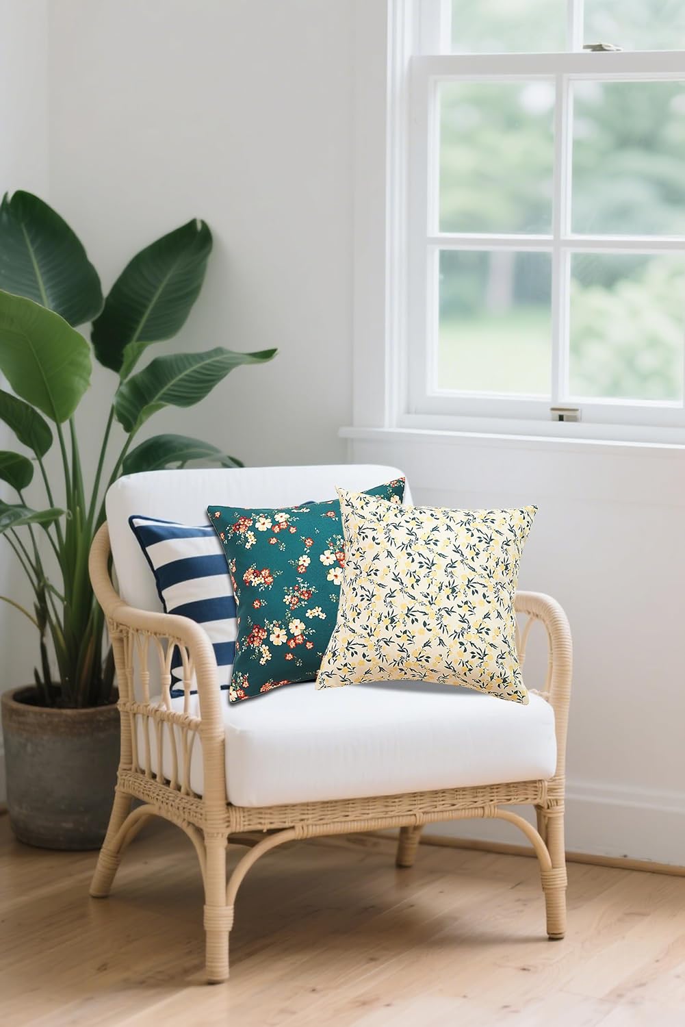 Winter Outdoor Waterproof Throw Pillow Covers, Set of 2 18"x18" Decorative Pillowcases for Chair Patio Garden Couch Tent Balcony Sofa, Green Leaves with Small Yellow Flowers
