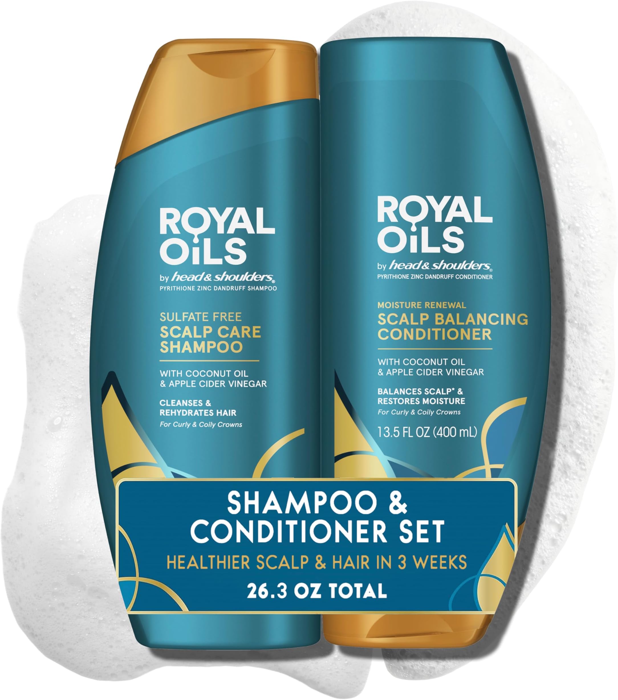 Head & Shoulders Royal Oils Shampoo and Conditioner Set, Includes Anti-Dandruff Scalp Care Shampoo (12.8 Fl Oz.) & Moisture Renewal Scalp Balancing Conditioner, Hair Treatment for Curly & Coily Hair