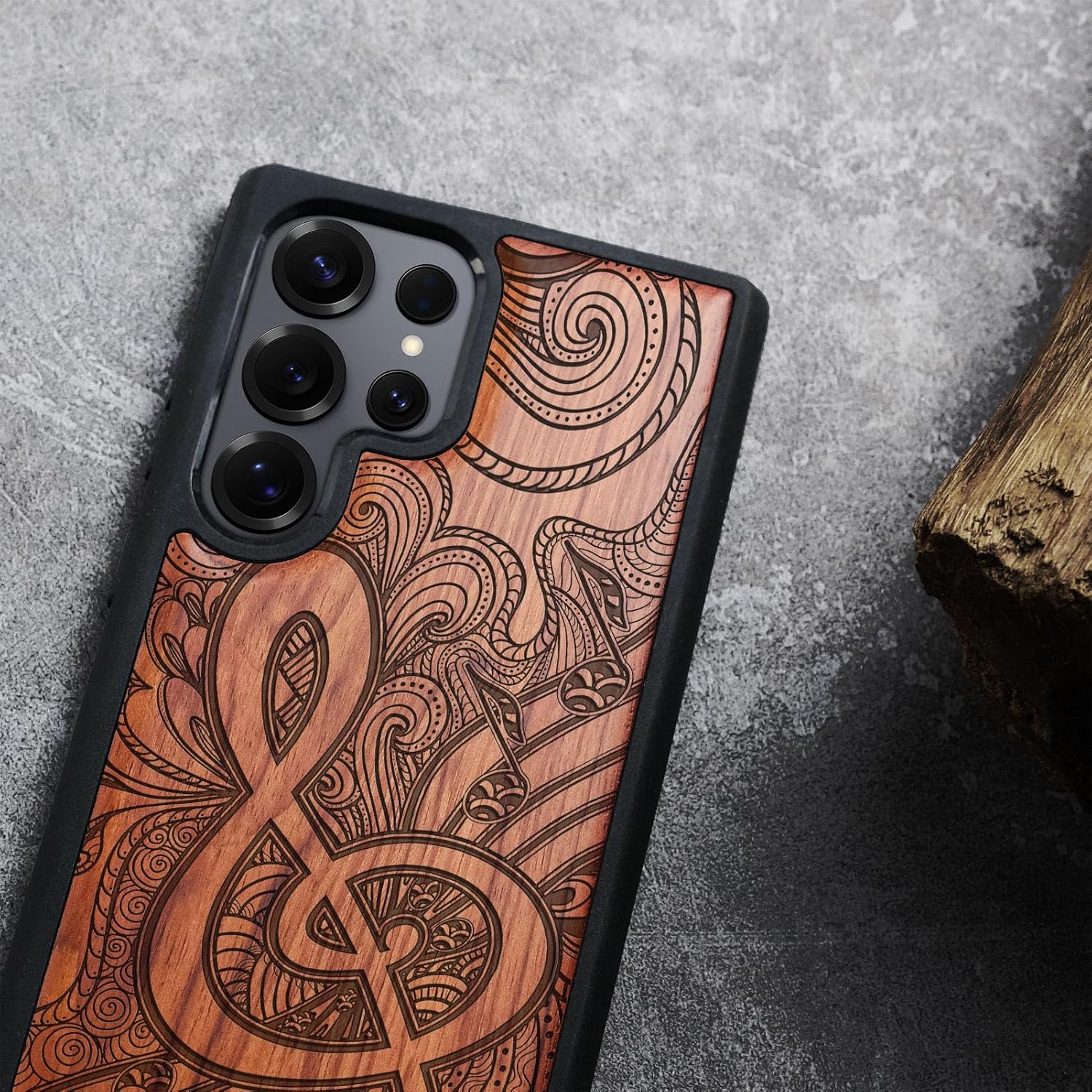 Carveit Magnetic Wooden Case for Samsung Galaxy S25 Ultra Case 2025, TPU Shockproof Cover & Wood Artisan Engraved, Compatible with MagSafe Wireless Chargers (Zen Doodle Treble Clef) Rosy