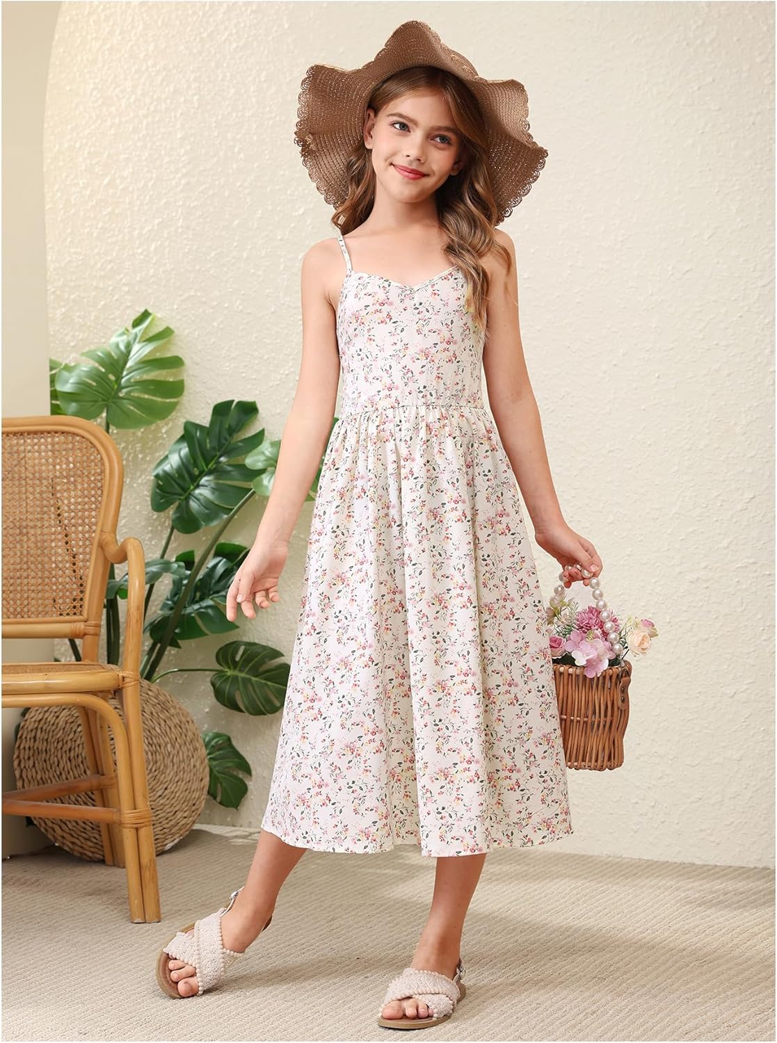 Girl's Floral Smocked A Line Long Dresses V Neck Spaghetti Strap Vacation Dress Sundress - Image 5