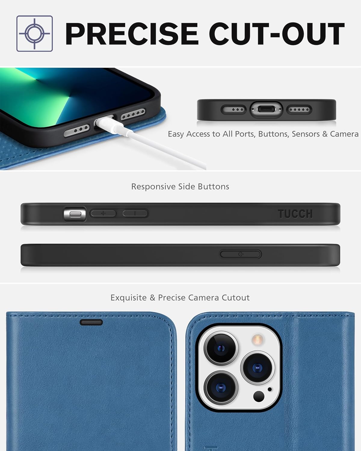 TUCCH Wallet Case for iPhone 13 Pro 5G, [TPU Shockproof Inner Shell], PU Leather [RFID Blocking] Card Holder Magnetic Stand Protective Cover Compatible with iPhone 13 Pro 6.1-inch 2021, Lake Blue