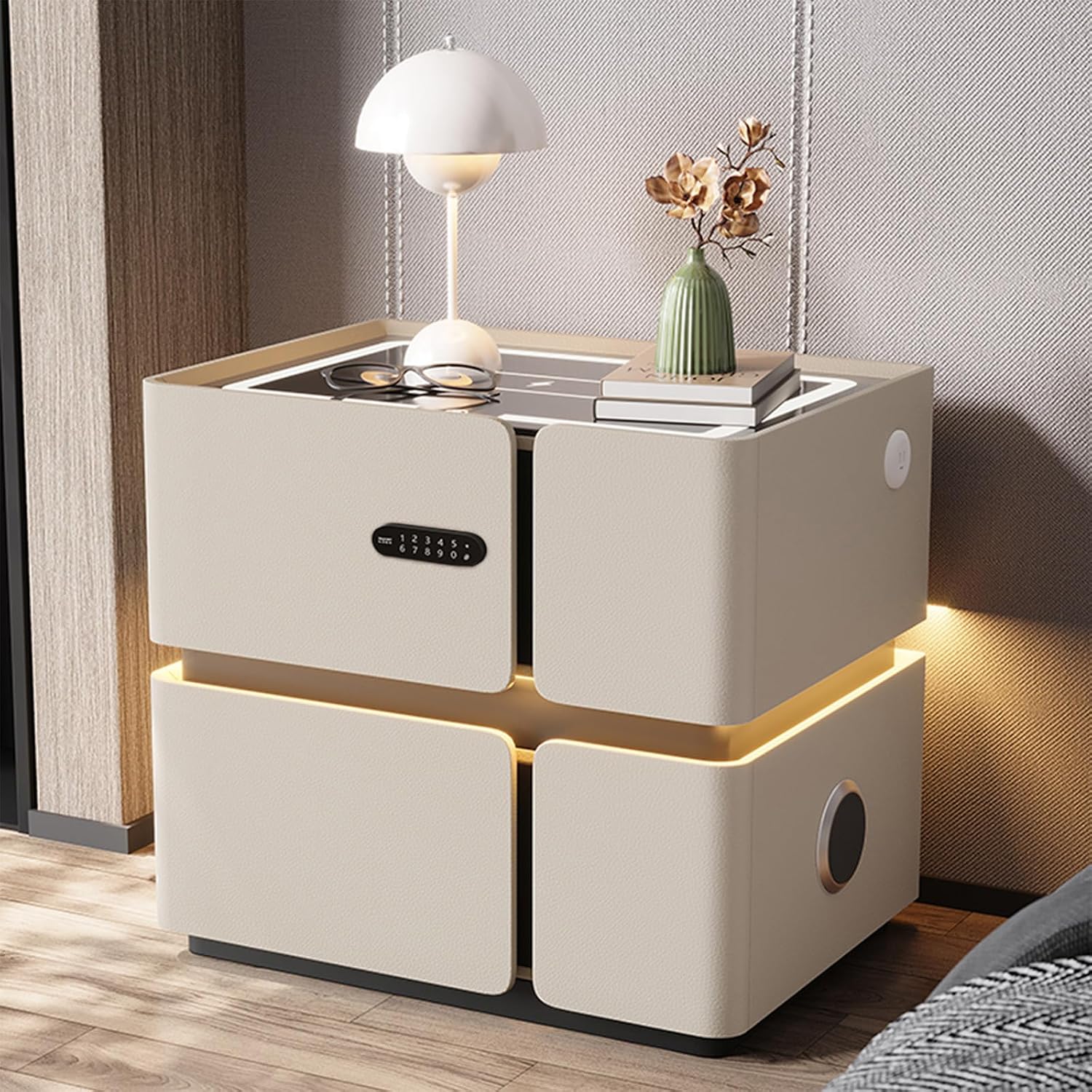 Modern Smart Side End Table Night Stand Storage,Leather Wooden Nightstand with Password Lock,Bedside Cabinet with USB Port and Speaker,Wireless Charging Station,for Bedroom/Living Room/Office
