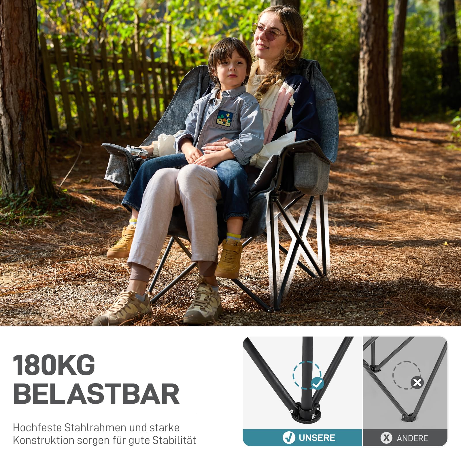 EVER ADVANCED 2-in-1 Campingstuhl Faltbar 180kg Belastbar mit Abnehmbarer 6cm Polsterung für 4-Jahreszeiten Komfort, Klappstuhl Inkl. Kühltasche & Getränkehalter, Perfekt für Camping, Angeln, Vanlife