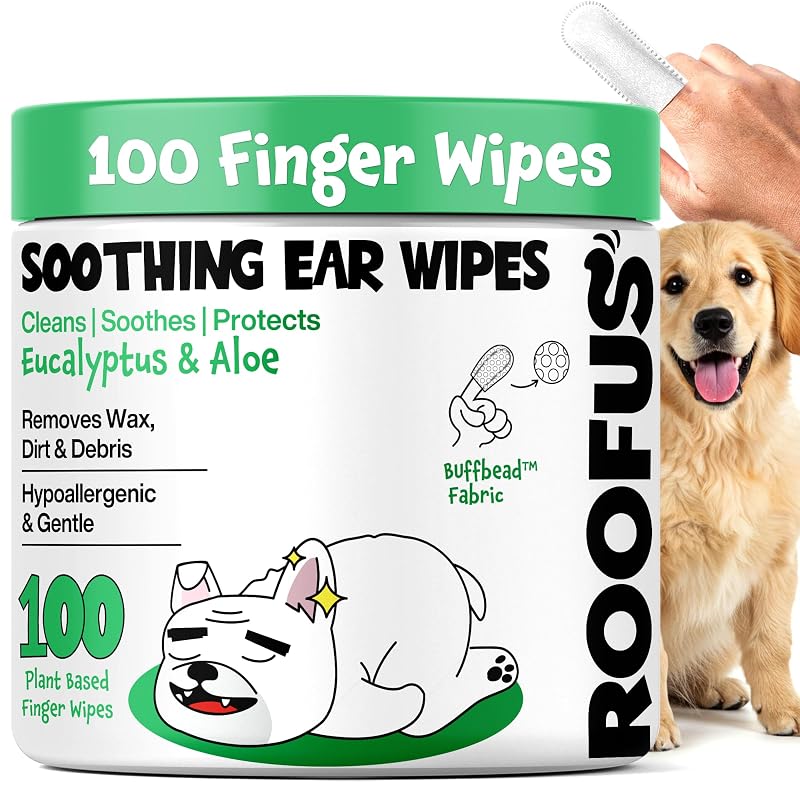 Lenços umedecidos para limpeza de ouvidos de cães e gatos ROOFUS THE DOG, brancos, pacote com 100 unidades