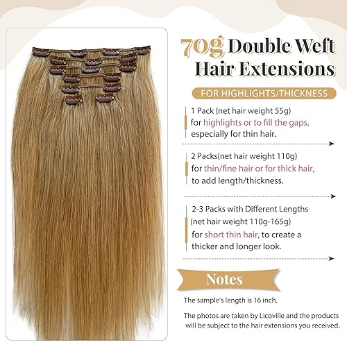 Miniatura 3 de Extensiones de cabello rubio miel con clip de doble trama, 16 pulgadas, extensiones de cabello humano con clip, 2.47 onzas, 7 unidades, grueso, #27,