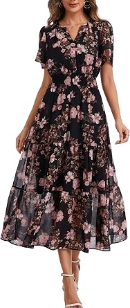Kormei Womens Summer Casual Maxi Dresses V Neck A Line Flowy Dress Pockets