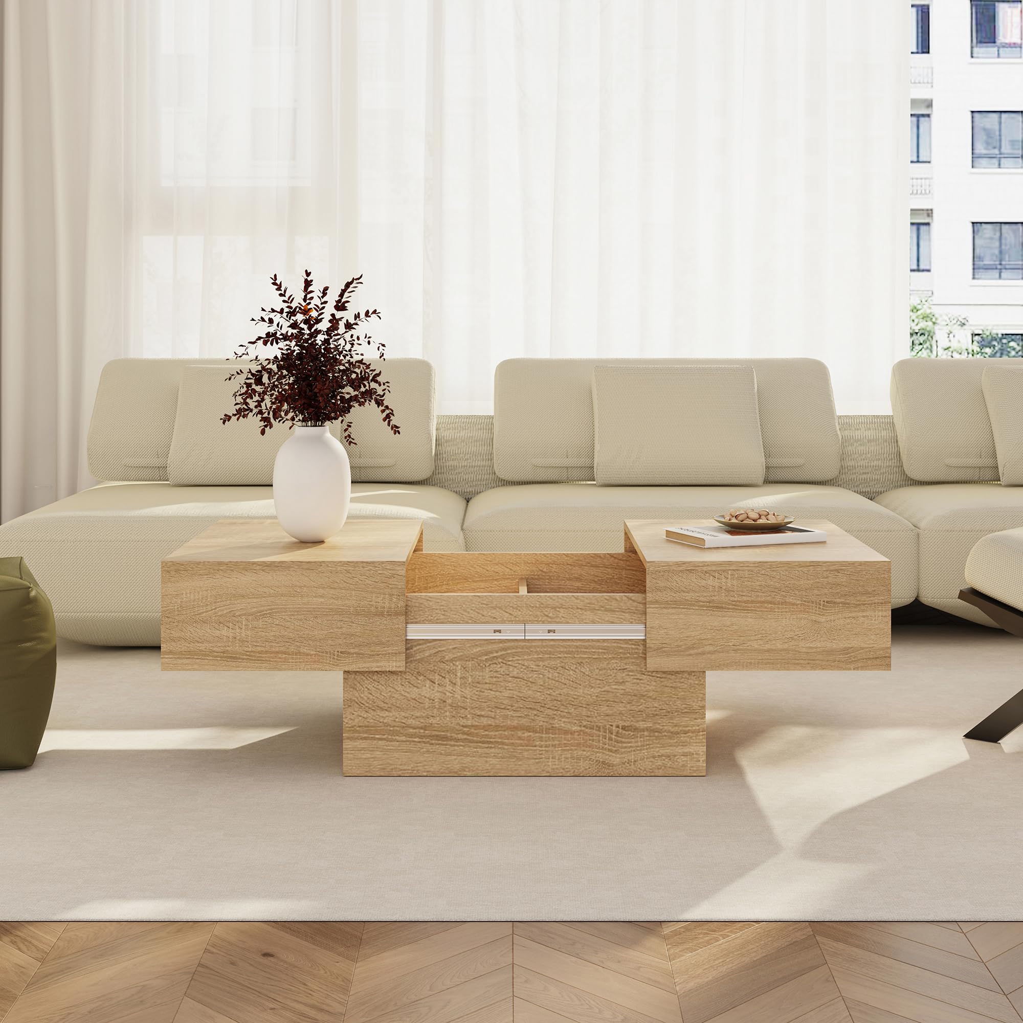 [en.casa] Tavolino da Caffè con Piano Rettangolare Scorrevole e 2 Scomparti Tavolo Basso Centrale da Salotto a 2 Vani Portaoggetti Chiusi 80 x 60 x 36 cm per Soggiorno - Effetto Rovere