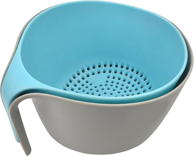MiHerom 2-in-1 Large Nest Washing Colander Bowl Sets,Food Strainers with Long Good Grips for Washing Fruits Vegetable Beans Pasta-Non-Slip Base/Dishwasher-Safe/BPA Free (Blue)