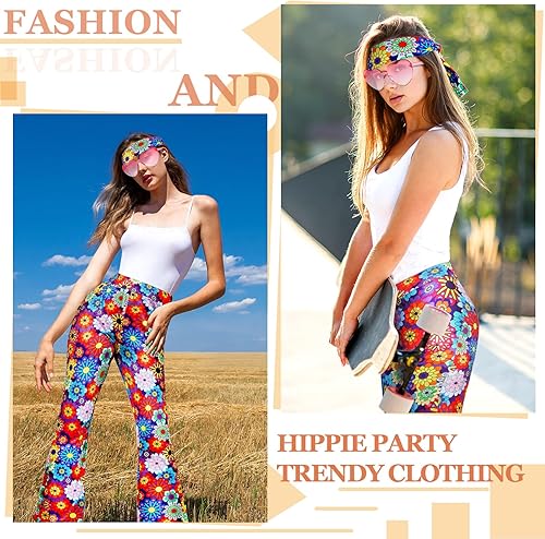 Vista 6 de Conjunto de 3 piezas de disfraz hippie de los años 60 y 70 para mujer, pantalones acampanados de discoteca, accesorios de fiesta