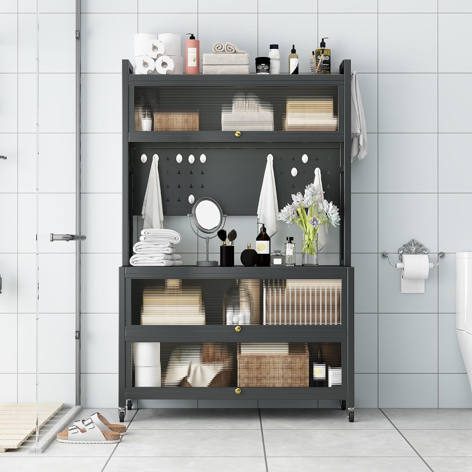 Runboll Kitchen Pantry Cabinet Storage with Microwave Shelf 5 Tier Metal Sideboard Baker's Rack Coffee Bar Hutch Buffet Laundry Storage, with Wheels & Hooks