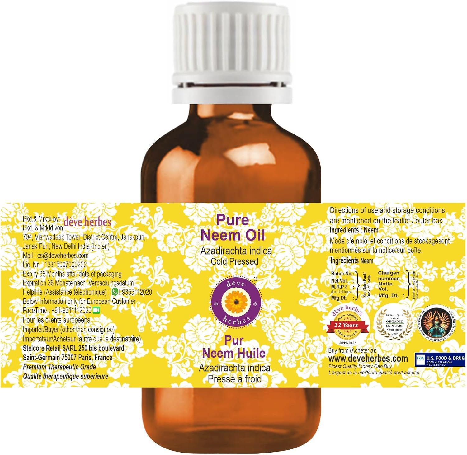 Deve Herbes Neem Oil (Azadirachta Indica) with Glass Dropper | Cold Pressed | Pure | Natural | Undiluted | for Diluting Essential Oils | for Hair & Skin | Non-Sticky | Lightweight| Unisex | 50ml