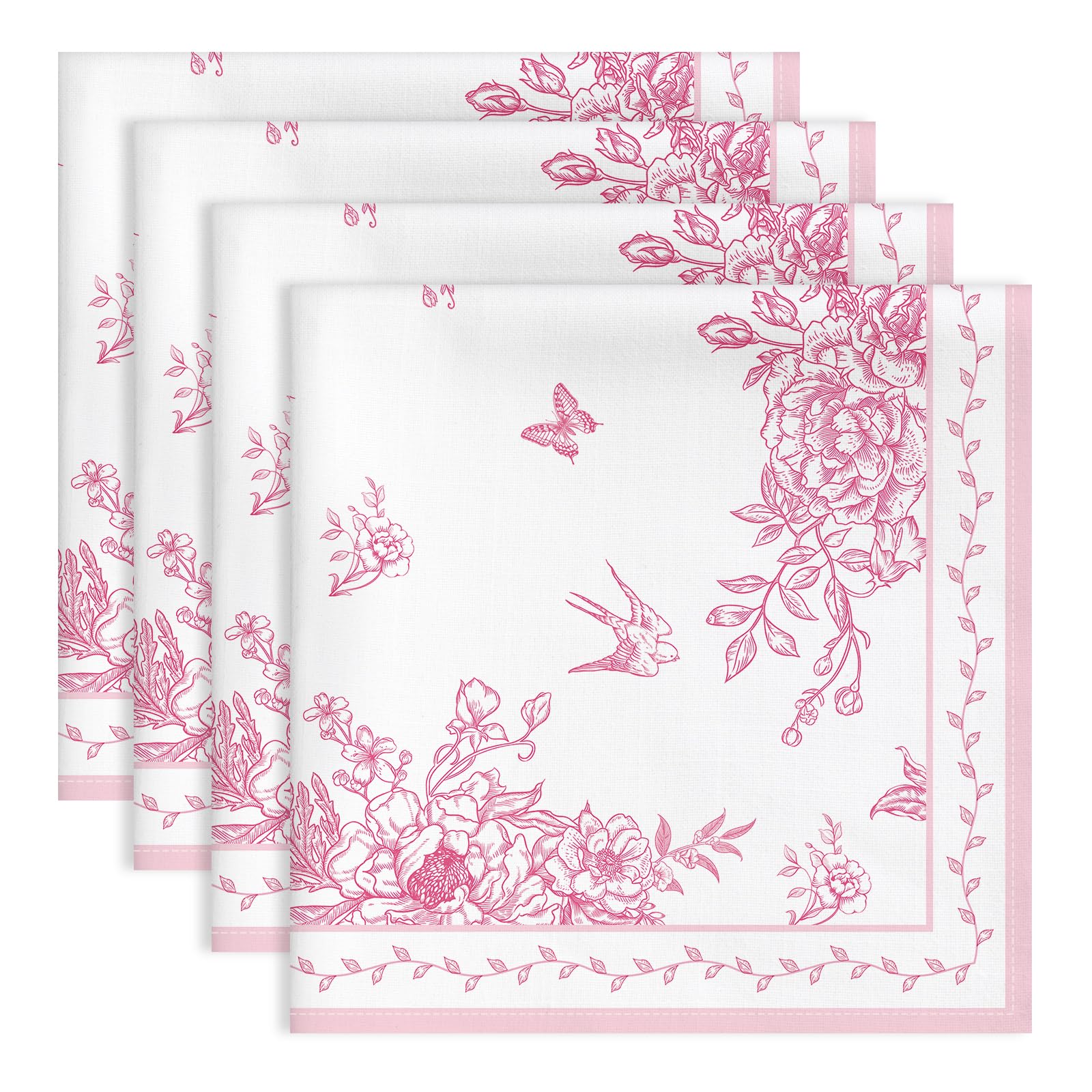 Arquiel Chinoiserie Flower Bird Napkins, 45 cm x 45 cm Vintage Pink Dinner Cloth Napkins Set of 4, Washable Cotton Soft Absorbent Square Table Top Decoration for Dining Kitchen Party Wedding