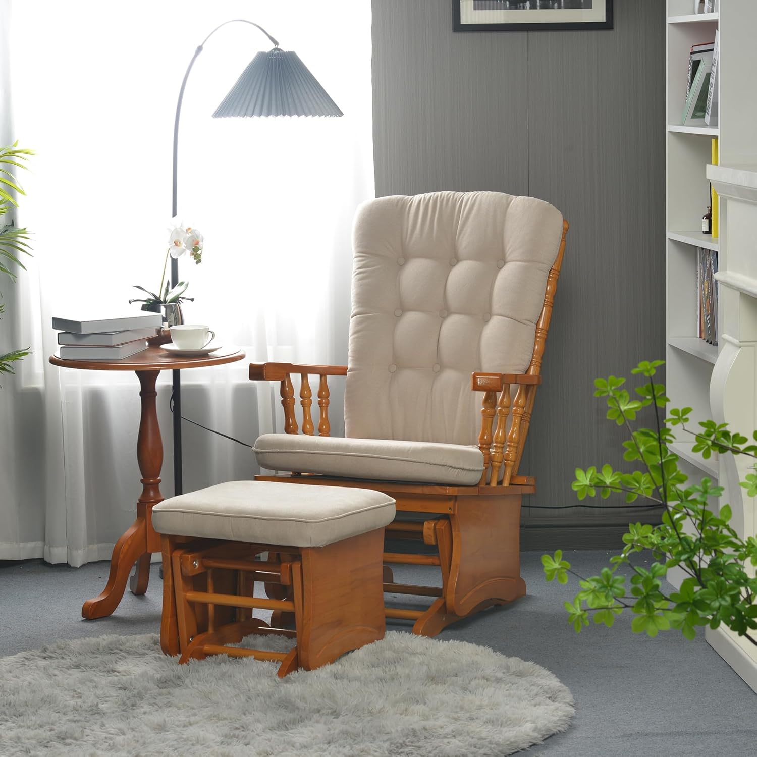 Solid Wood Glider Rocking Chair and Ottoman Set, Rustic Nursery Glider Rocker with Padded Cushion, Smooth Rocking Motion Indoor Living Room Nursing Napping Reading, Honey Beige