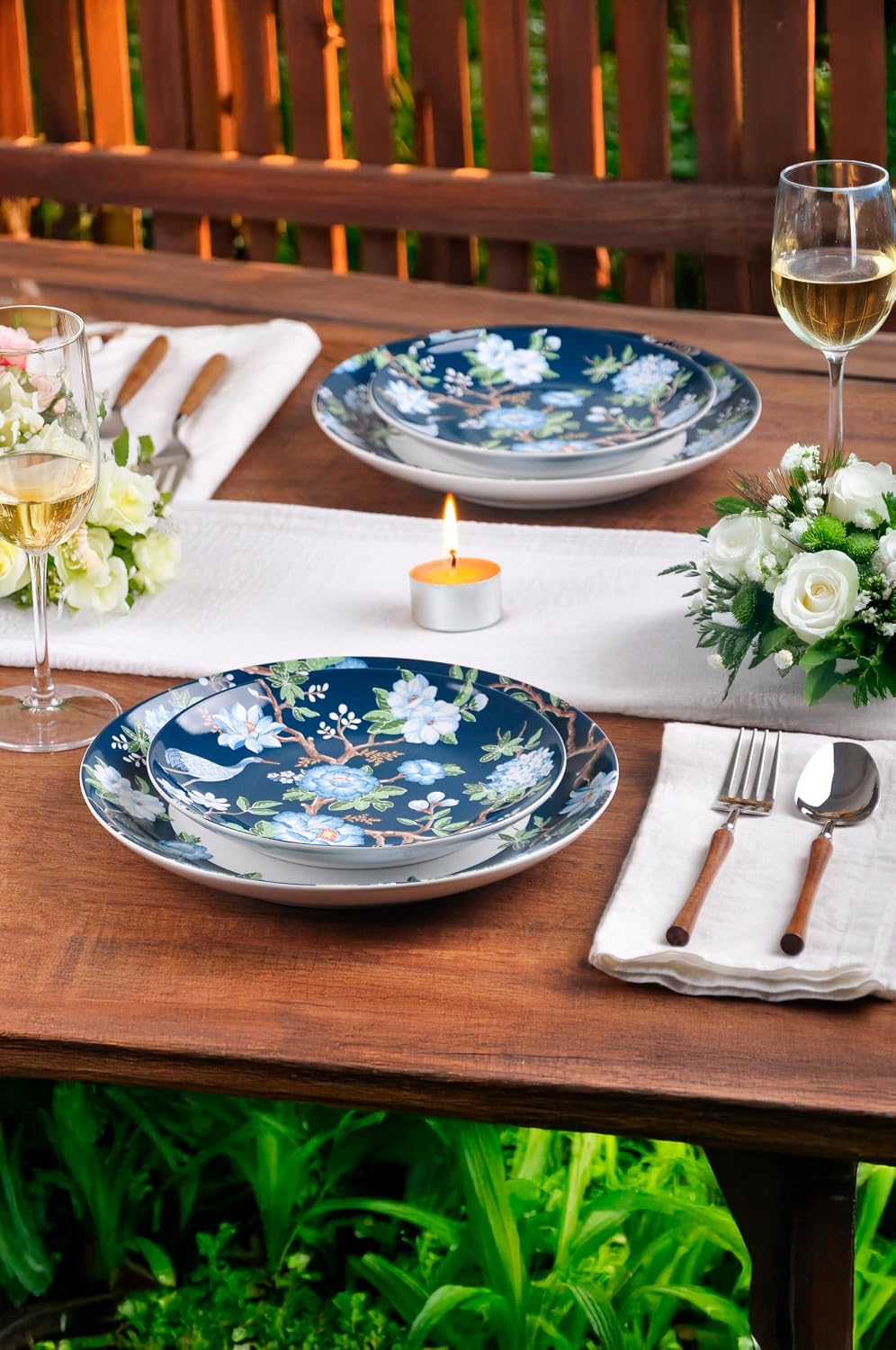 222 Fifth 12-Piece Porcelain Dinnerware Set for 4, Luxury White & Bohemian Blue Plates and Bowls Set, Glossy Ceramic Dish Set with Detailed Floral, Microwave & Dishwasher Safe Dishes, Nightingale