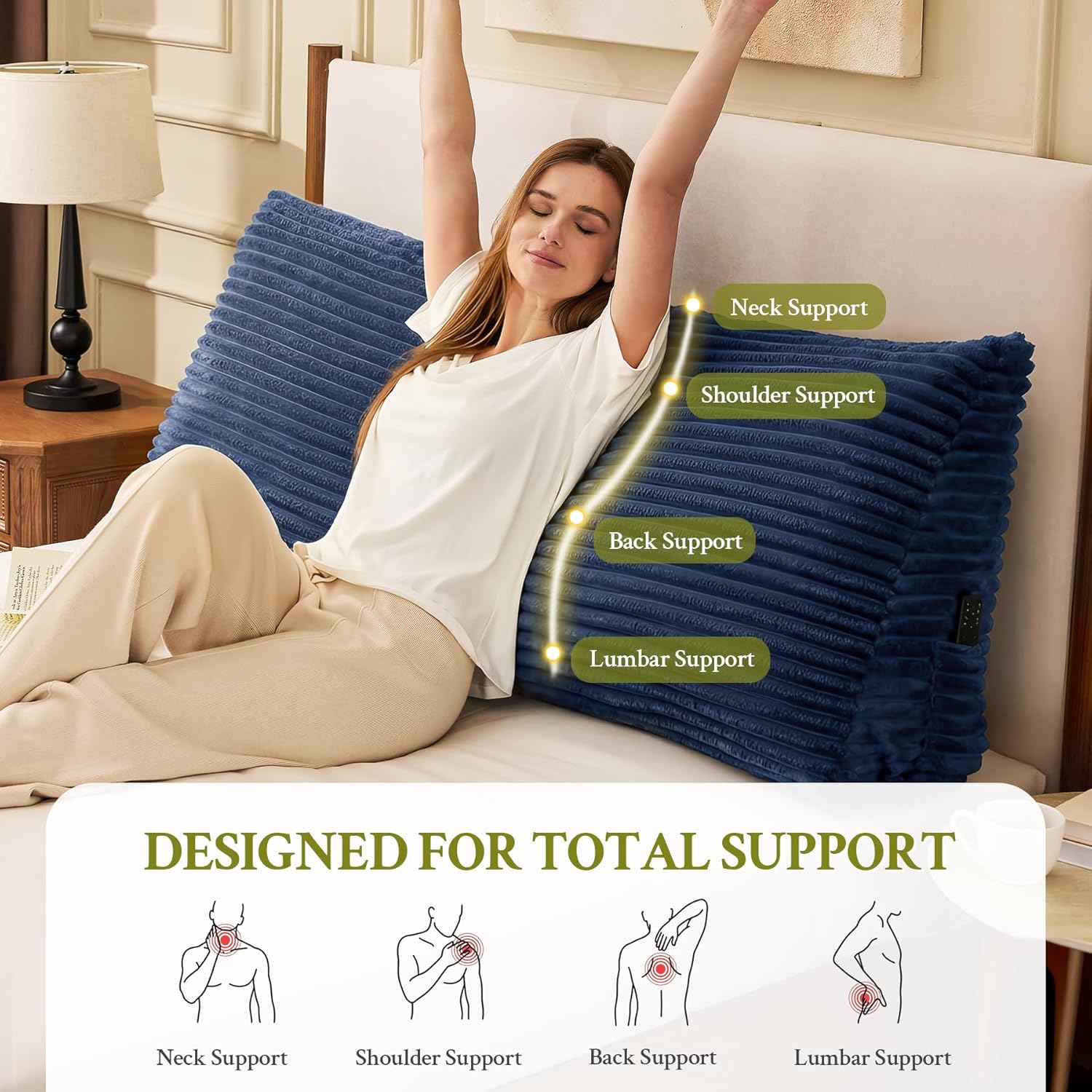 Headboard Pillow Queen, Headboard Wedge Pillow, Back Rest Pillows for Sitting, Reading, Working, Triangle Pillow with Removable Cover, Daybed Pillows for Bed Dorm Sofa, Navy Blue
