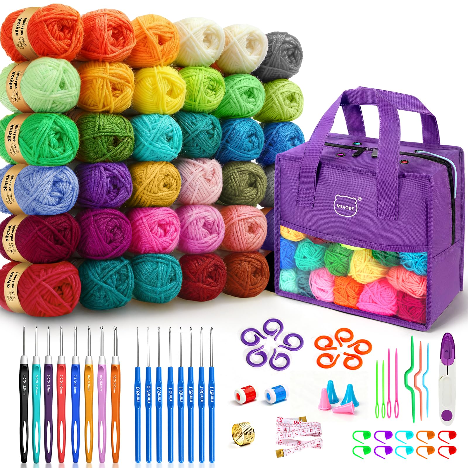 MIAOKE 90 Pcs Portable Crochet Kit with 36 Colors of Crochet Yarn, 36 Crochet Hook Accessories, 16 Crochet Hooks, A Waterproof Knitting Bag and a Storage Bag. Suitable for Beginners and Professionals