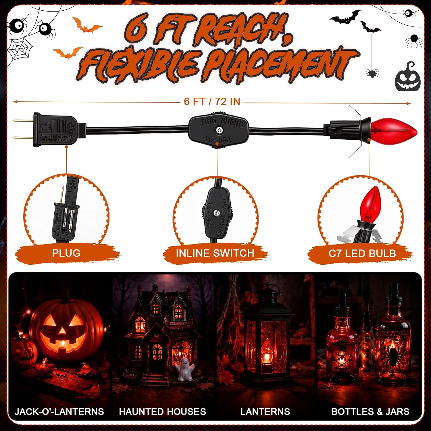 6 Pack 6FT Accessory Cord with C7 LED Bulb and On/Off Switch Plugs, Candelabra E12 Socket Black Light Cord for Halloween Pumpkin Lights, Christmas Village House, Holiday Decorations image 3