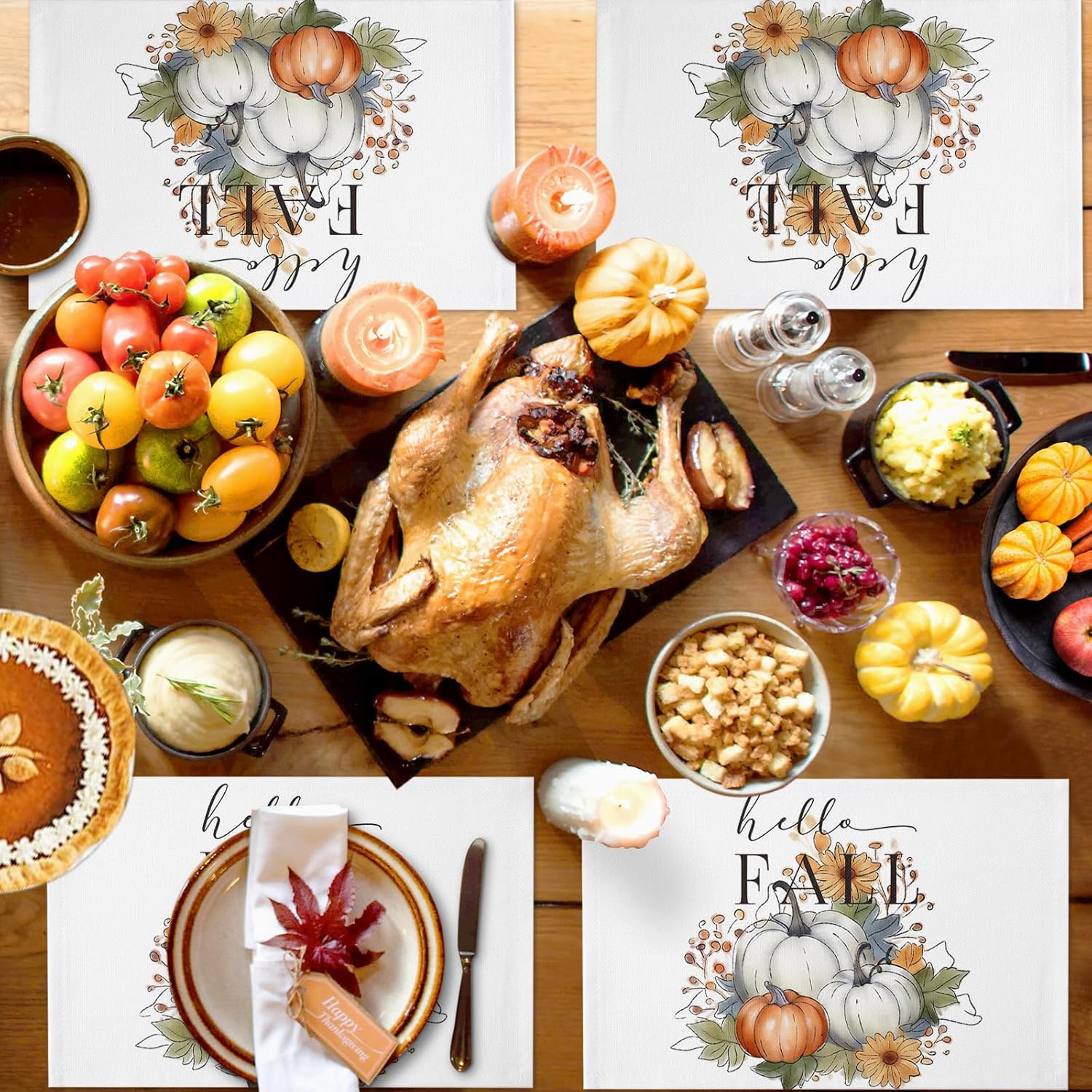 Table Runner with Placemats Set of 6, Hello Fall Thanksgiving Pumpkin with Flowers White Cotton Linen Table Mats Sets, Placemats with Matching Table Runner for Dining Table, Kitchen, 70” x 13”