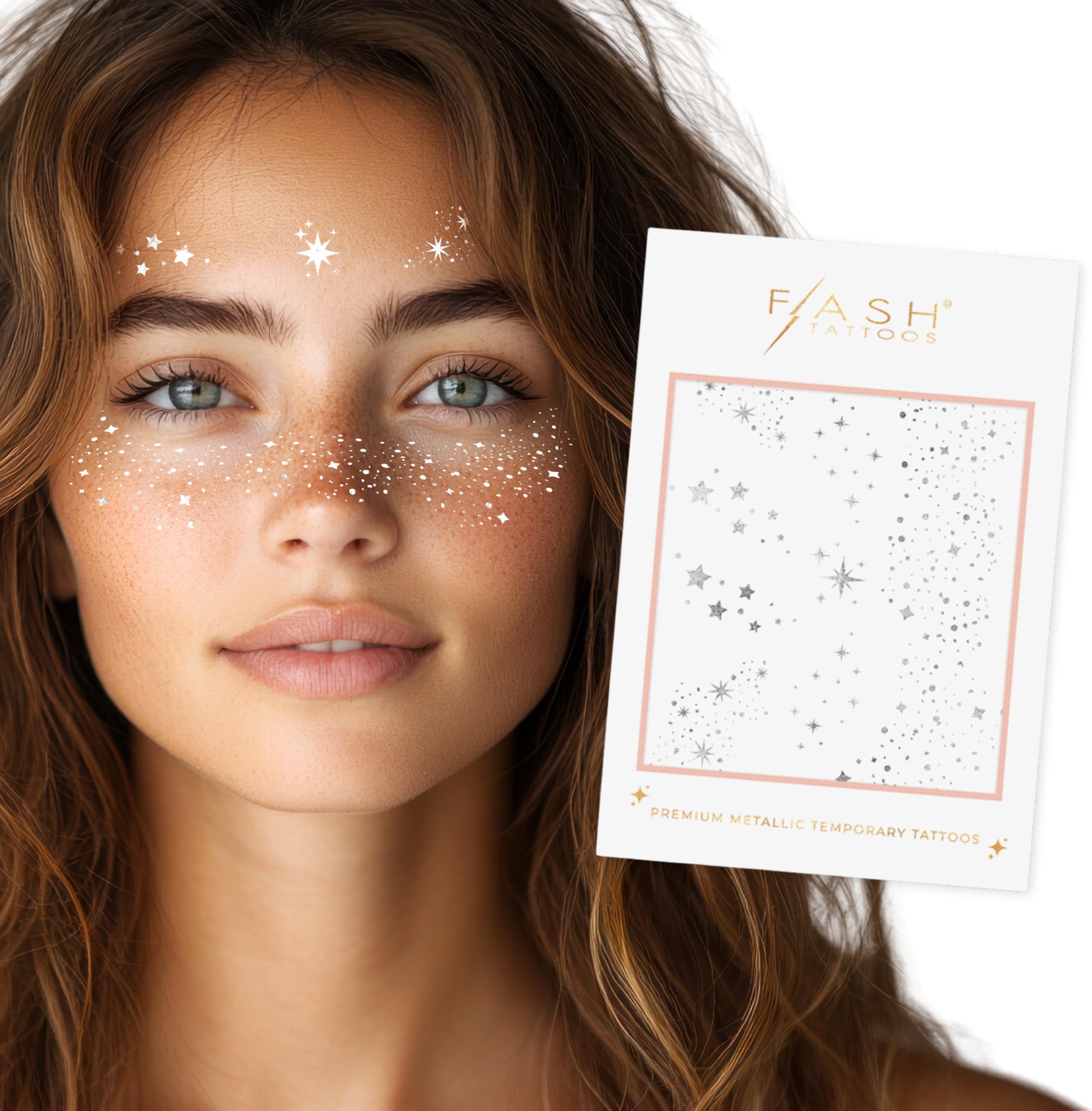 Fairy Dust Metallic Temporary tattoos-2 sheet mini pack | Includes over 23 premium silver foil giltter tattoos | face glitter, face gems, festival, face freckles, celestial, moon