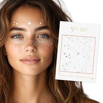 Flash Tattoos FAIRY DUST Silver Glitter Freckles Face Tats 23 Premium Metallic Makeup Patches with Magical Celestial Stars & Moon for Festival Makeup, Concerts, Parties, Raves, Pool & Game Day