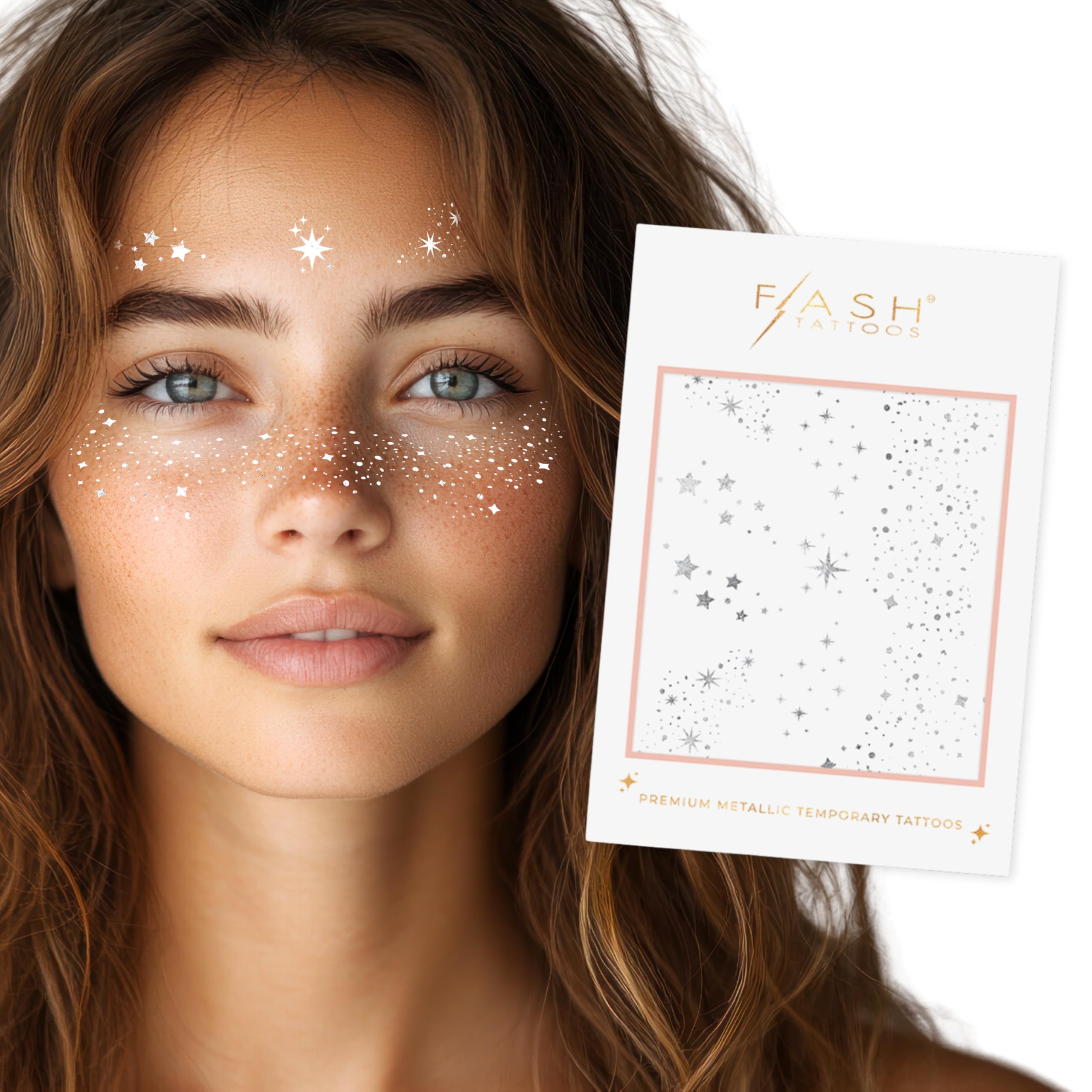 Flash Tattoos Fairy Dust Metallic Temporary tattoos-2 sheet mini pack | Includes over 23 premium silver foil giltter tattoos | face glitter, face gems, festival, face freckles, celestial, moon