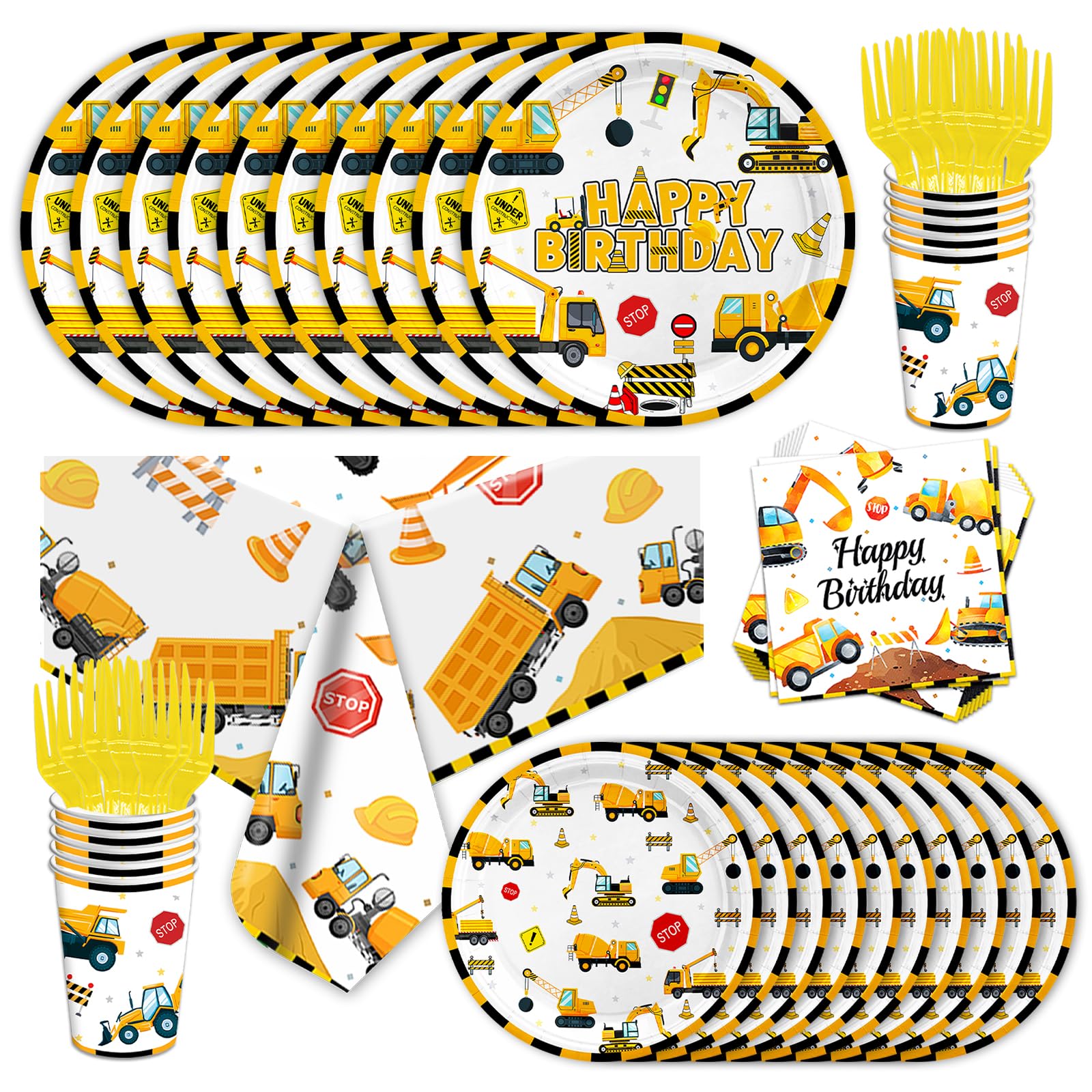 101pcs Construction Party Supplies Birthday Decorations Tableware Set Disposable Paper Plates, Napkins, Cups, Cutlery, Tablecloth, For Construction Theme Birthday Decorations (Construction )